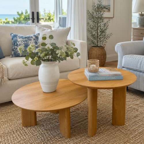 Nesting Coffee Table Set of 2, Wood Look, Round Side Tables | 1.2" Thick Top, Versatile Nesting Tables for Living Room, Apartment, or Office. Sturdy MDF, Space-saving Design - color: Natural Wood