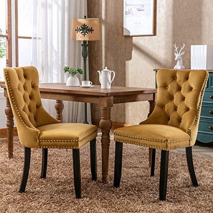 Virabit Velvet Dining Chairs Set of 2, Tufted Upholstered Dining Chairs with Nailhead Back and Ring Pull Trim, Solid Wood Dining Chairs for Kitchen/Bedroom/Dining Room (Gold) - color: Gold, size: set of 2