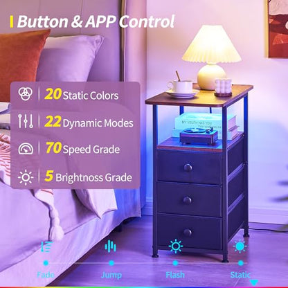 Narrow End Table with Charging Station, Narrow Side Table with 3 Fabric Drawers, Slim Nightstand with LED Light, Small Table with Storage, Living Room, Bedroom, Rustic Brown HKET1303BR - color: Rustic Brown, size: 11.8" W x 23.6" D, style: Power + Light