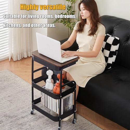 3-Tier Rolling Utility Cart with Drawers, Solid Wood Tabletop Metal Storage Cart, 360° Swivel Wheels & 2 Lockable Casters, Lightweight Mobile Organizer Trolley for Kitchen Living Room Bathroom - color: White