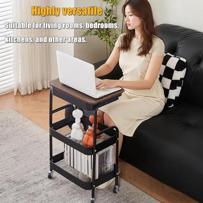 3-Tier Rolling Utility Cart with Drawers, Solid Wood Tabletop Metal Storage Cart, 360° Swivel Wheels & 2 Lockable Casters, Lightweight Mobile Organizer Trolley for Kitchen Living Room Bathroom - color: White