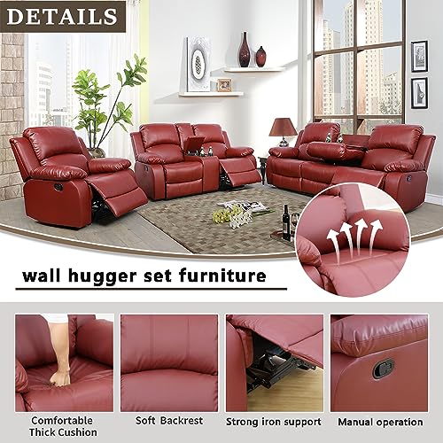 A Ainehome Living Room Furniture Set Leather Recliner Sofa Set Loveseat Chair Furniture Sofa Set for Living Room/Small Space/Rv/House/Office/Theater Seating (A-Red Leather, 3 Piece Set) - color: A-red Leather, size: 3 piece set
