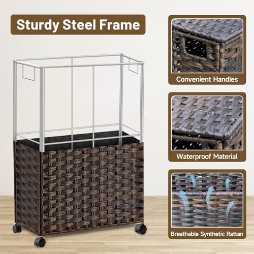 70L Slim Laundry Hamper with Lid & Wheels, 2-Park Rolling Laundry Basket with 4 Removable Liner Bags & 3 Mesh Bags, Narrow Dirty Clothes Basket, Foldable Handwoven Rattan Laundry Sorter, Brown
