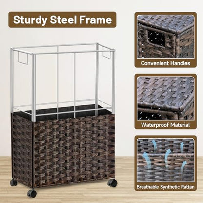 70L Slim Laundry Hamper with Lid & Wheels, 2-Park Rolling Laundry Basket with 4 Removable Liner Bags & 3 Mesh Bags, Narrow Dirty Clothes Basket, Foldable Handwoven Rattan Laundry Sorter, Brown
