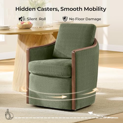 CHITA Upholstered Dining Chairs Set of 2 with Hidden Casters, Moss Green | Fully Assembled Modern Dining Chair with Backrest & Wood Armrest, Chenille Barrel Chairs for Dining Room, Kitchen Chairs - color: Moss Green, size: set of 2
