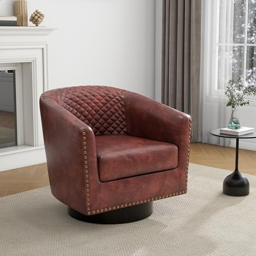 Faux Leather Swivel Accent Chair, Modern Barrel Club Chair, Red Brown | Comfy Living Room Chair, Modern Nailhead Trim Round Armchair Bedroom Reading Seat with Removable Cushion, Wood Frame - color: Red Brown