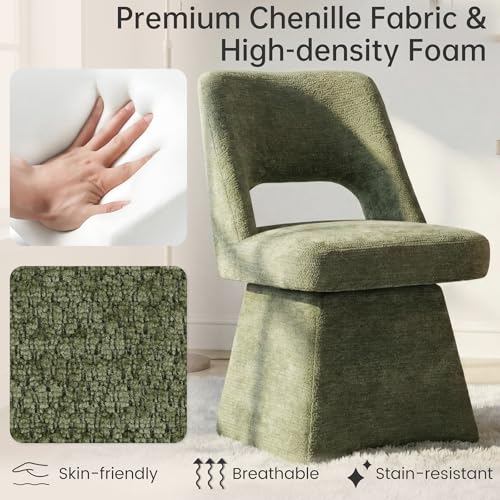 VKNOW Upholstered Swivel Dining Chair with Curved Open Back | Modern Dining Room Chairs with Chenille Fabric, Space-saving, Easy Assembly, for Dining Room, Living Room, Bedroom, Green - color: Green