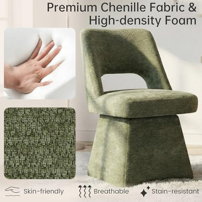 VKNOW Upholstered Swivel Dining Chair with Curved Open Back | Modern Dining Room Chairs with Chenille Fabric, Space-saving, Easy Assembly, for Dining Room, Living Room, Bedroom, Green - color: Green