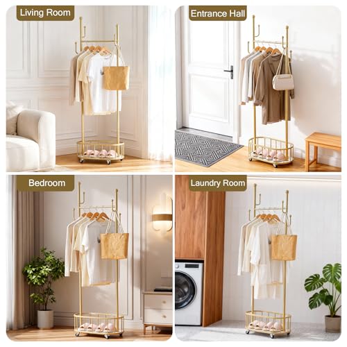 Free Standing Rolling Clothes Rack with Wheels Coat Rack - Golden | Small Narrow Cloth Hanger Metal Garment Racks for Bedroom Livingroom Lab Dress Shirts Rack with Storage Shelves - color: Gold