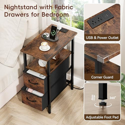 Set of 2 Nightstand with Charging Station and LED Lights, Narrow Side Table, LED Night Stand with 2 Fabric Drawers, Bedside Table Small End Table, Tall Nightstand for Bedroom, Rustic Brown - color: Rustic Brown, size: 2, style: With LEDs