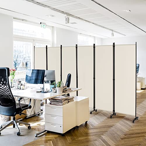 NAFORT 6 Panel Folding Room Divider for Room Separation, Freestanding Privacy Screen with Lockable Universal Wheels, Fabric Wall Partition Screen for Living Room, Bedroom, Office, White - color: White