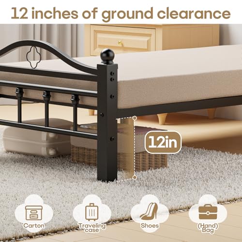 Twin Bed Frames with Headboard | 1500LBS Heavy Duty, Noise Free Design, 12 Inch Under-Bed Storage Space, No Box Spring Needed, Tool-Free Assembly - size: Twin