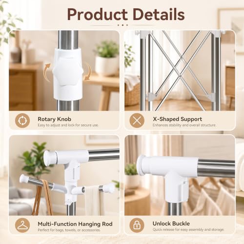 Clothes Drying Rack Foldable,Portable Laundry Collapsible | Folding Stainless Steel Standing Dry Rack for Outdoor Indoor Adjustable Double Rod with Wheels,Space Saving Rolling Dry Rack