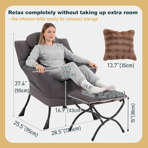 Lazy Chair with Ottoman, Comfy Reading Chair for Bedroom，Grey | Comfy Bedroom Accent Chair with Washable Removable Cover and extra throw pillow for Living Room Dorm - color: Shadow Grey