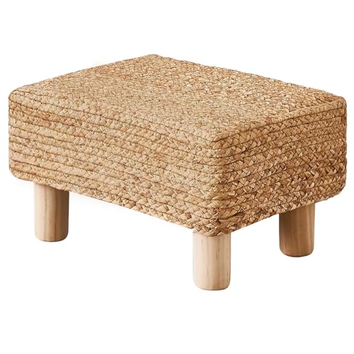 Wimarsbon Natural Seagrass Footstool Ottoman Rectangular Footrest Pouf Ottomans with Wooden Legs Hand Weave Step Stool for Living Room Bedroom Entryway Natural - color: Natural, size: 12"D x 16.5"W x 9.5"H