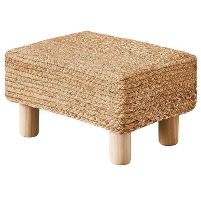 Wimarsbon Natural Seagrass Footstool Ottoman Rectangular Footrest Pouf Ottomans with Wooden Legs Hand Weave Step Stool for Living Room Bedroom Entryway Natural - color: Natural, size: 12"D x 16.5"W x 9.5"H