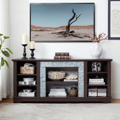 Cherry 58 Inch TV Stand for TVs up to 65 inch, Wood Entertainment Center with Faux Stacked Stone Surround and Open Storage, Media Console with 6 Cable Management Holes for Living Room - color: Cherry-a