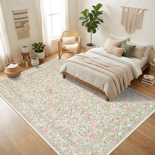 GarveeHome Pink Green Beige Floral 9x12 Area Rugs for Living Room Bedroom | Large Washable Dinning Room Girls Dorm Office Rug Vintage Boho Rugs Low-Pile Non-Slip Stain Resistant TPE Backing - color: A Beige / Pink, size: 9' x 12' (Rectangular)