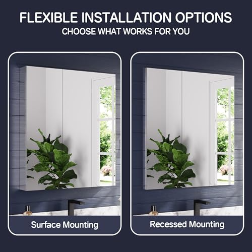 32"x36" Medicine Cabinet with Mirror & Soft Close Hinges, Surface Mount or Recessed Medicine Cabinet with Adjustable Shelves, Bathroom Wall Medicine Cabinet with Storage, Aluminum Alloy Frame, Combo - size: 32" x 36"