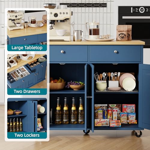 Shintenchi Kitchen Island with Drop Leaf, Rolling Kitchen Cart with Storage on Wheels, Table Bar Cart for Kitchen with Towel Rack & Seating Area for Dining Room, Blue - color: Blue