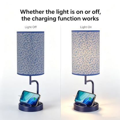 Dreamholder 2 Pack Table Lamp, Bedside Lamp with 3 USB Charging Ports & AC Outlet, USB Desk Lamp with 2 Phone Holders, Linen Fabric Shade Nightstand Lamps for Bedroom Living Room Office, Blue - color: Blue
