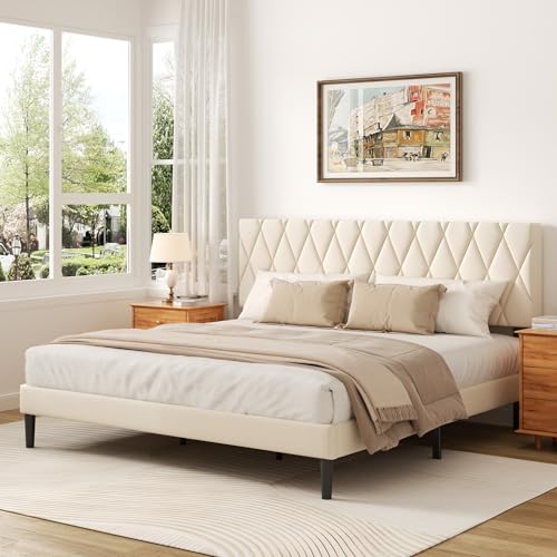 CXVX King Size Bed Frame with Diamond Tufted Headboard, Velvet Upholstered Platform Bed and Wooden Slat Support, Noise-Free, No Box Spring Needed, Easy Assembly, Beige - color: Beige, size: King