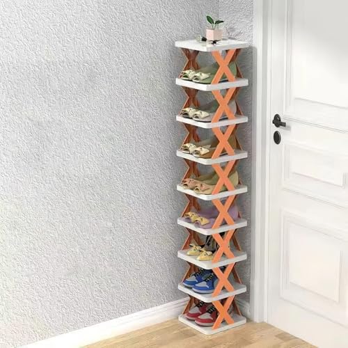 TeqHome Vertical Shoe Rack, Foldable Narrow Shoe Storage Organizer,Space Saving Free Standing Shoes Storage Shelf 9 Tier Stackable for Closet, Front Door Entrance, Entryway, Bedroom,Corner - color: Orange