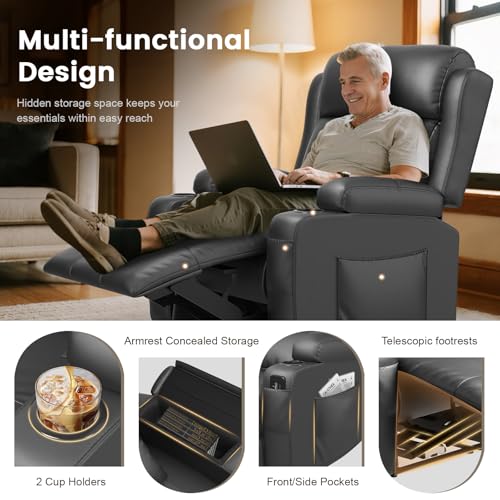 Home Theater Seating, Power Recliner Sofa Single Chair with Massage & Heat | Wall Hugger Reclining Single Chairs with USB, RV Furniture with LED Lights, Cup Holders for Movie Theater, Gaming Room - color: Dark Gray, size: 34" - 1 Seat