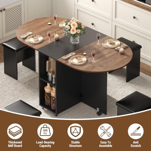60" Extendable Drop Leaf Dining Table Set with 4 Leather Chairs,Storage,5 Pcs Oval Foldable Kitchen Table and Chairs Set for 4-8 People,6 Wheels,Folding Table Set for Small Space Saving,Walnut - color: Walnut