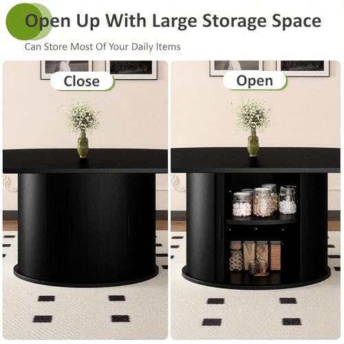 Wildhome Extendable Round Dining Table for 2-4-6, 63 Inch Dining Room Kitchen Table with 2-Tier Storage Shelf, Modern Farmhouse Fluted Wood Slide Door Dinner Furniture,Oval Circle,Black-63 Inch - color: Black-63 Inch