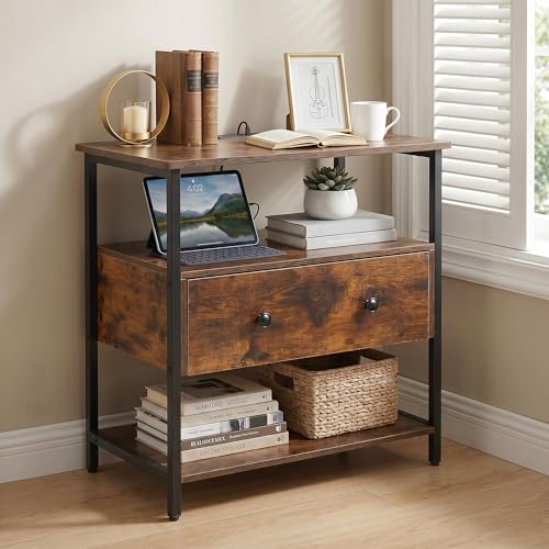 Edbuosy 27" Wide Nightstand with Charging Station & Drawer, Retro Brown | Small Dresser for Closet, 2 AC Outlets & 2 USB Ports, Open Shelf, Adjustable Feet, Wood Nightstand for Living Room or Bedroom - color: Retro Brown, size: 1 Drawer