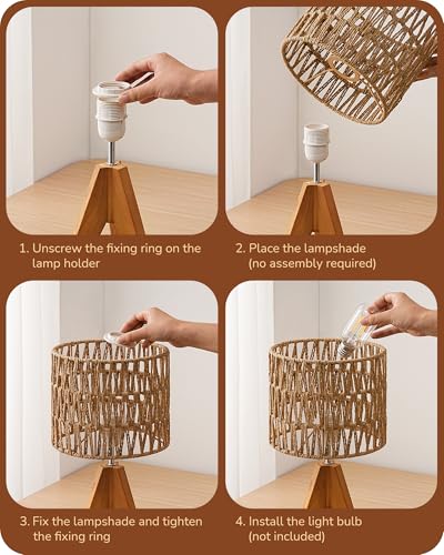 EDISHINE Rattan Small Table Lamp, Boho Nightstand Lamp, 14.2", E26 Base | Natural Style, Wood Tripod Base, Rosewood Color & W-Pattern Shade, Bedside Lamp for Living Room, End Table, Office - color: Rosewood Color&W-pattern Shade