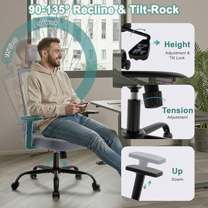 Ergonomic Office Chair, 330LBS Computer Chairs High Back with Adjustable Lumbar Support, Breathable Mesh Desk Chair Ergonomic with Thickened Cushion, Comfy Home Office Desk Chair, Gray - color: Grey