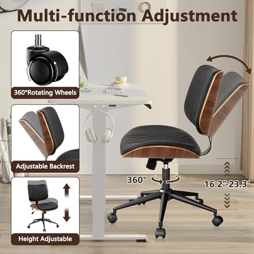CLATINA Armless Home Office Chair, Desk Chair with Wheels, Adjustable Height Reading Chair, Leather Mid Back & Swivel Computer Chair, Modern Walnut Chairs with Back for Study Meeting Room(Black) 2Pack - color: Black Diamond-a, size: 2 Pack