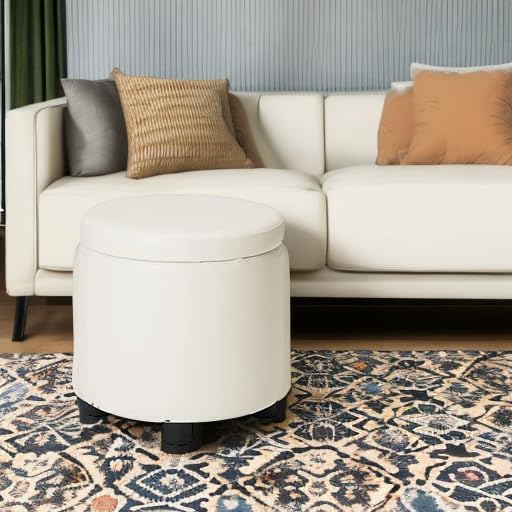 Designs4Comfort Round Accent Storage Ottoman with Reversible Tray Lid - color: White