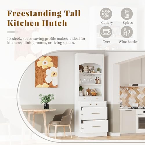 Modern 28.7x17.5x83.7 Inch Tall Kitchen Pantry Cabinet, Freestanding Hutch with Faux Marble Top, 5 Drawers & Adjustable Shelf, Glass Holders, Space-Saving Storage for Kitchen/Dining Room (1, White) - color: White