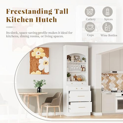 Modern 28.7x17.5x83.7 Inch Tall Kitchen Pantry Cabinet, Freestanding Hutch with Faux Marble Top, 5 Drawers & Adjustable Shelf, Glass Holders, Space-Saving Storage for Kitchen/Dining Room (1, White) - color: White