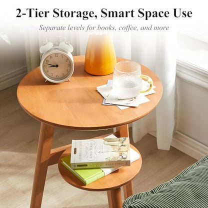 Side Table, 2-Tier Round End Tables Living Room, Mid Century Modern Side Table, Round Nightstand, Oak Accent Table, Small Round Coffee Table, 16.54" Dia.x 23.62" H(Natural) - color: Natural
