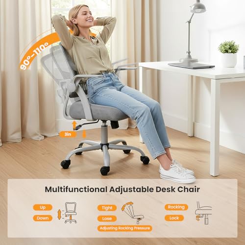 Sweetcrispy Computer Desk Chair, Home Office Chair, Lumbar Support | Flip Up Armrest, Adjustable Height, 360° Swivel Wheels, Ergonomic Mesh Mid-Back, Comfy Arms Bedroom Study - color: Grey, size: 23.22 Inch