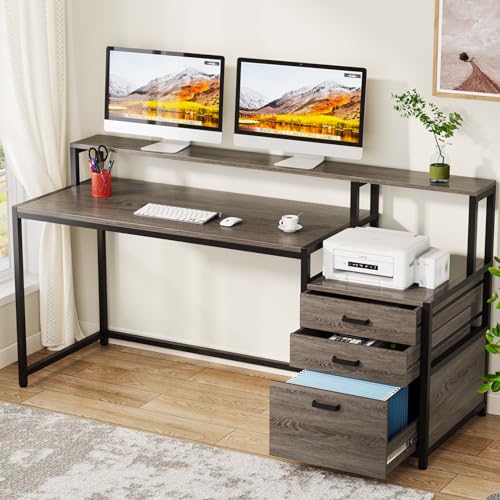 Tribesigns 63 Inch Computer Desk with File Drawer Cabinet, Home Office Desk | Ergonomic Office Desk with Monitor Stand, Industrial Computer Table with Printer Space, PC Table Workstation Desk, Grey - color: Grey
