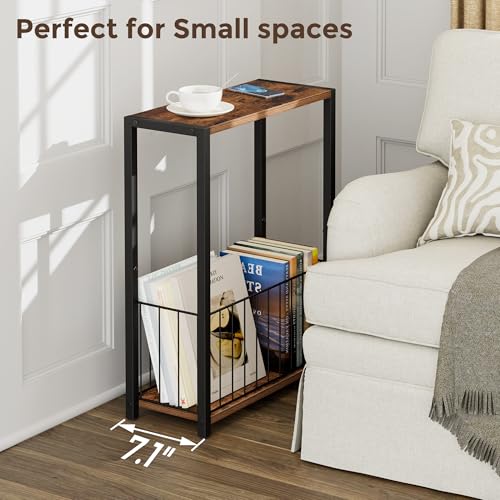 Homleke Narrow Side Table with Magazine Holder, Skinny End Table | Space-Saving Design, Small Spaces, Storage Shelf, Metal Frame, Easy Assembly, 7.1" D x 16.9" W x 23.6" H, Rustic Brown - color: Rustic Brown - Standard