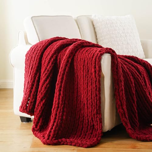 Chunky Knit Throw Blanket for Couch, Christams Red Throw Blanket 50"x60" - color: Red