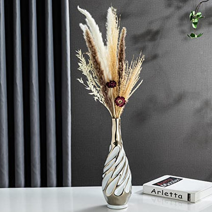 Yundu Ceramic Vase Set of 2, White with Silver, Modern Home Décor, Living Room, Dried Flowers, 14x6x6 inches - color: White With Silver