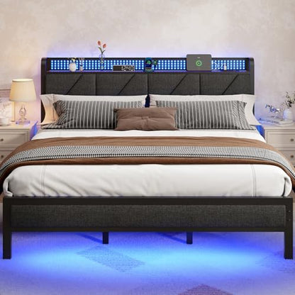 King Size Bed Frame with Storage Shelf and Upholstered Headboard | Metal Platform Bed with LED Light, Charging Station and Heavy Duty Slats, No Box Spring Needed, Noise Free & Easy Assembly - size: King, style: Bed Frame