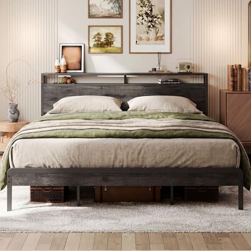 LIKIMIO King Size Bed Frame with 2-Tier Storage Shelf Headboard | Dark Wood Platform Bed, Camas King with Strong Metal Supports, Sturdy, Noise-Free, No Box Spring Needed, Grey - color: Grey, size: King