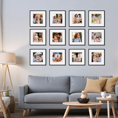 Giftgarden 12x12 Picture Frame Black Set of 16, Matted to 8x8 Photo with Mat, Lightweight Square Gallery Frames for Wall Hanging Display - color: Black*16, size: 12x12