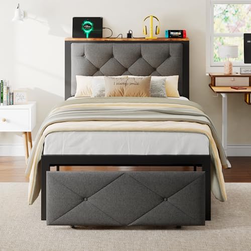iPormis Twin Bed Frame for Kids with Storage Drawers, Linen Upholstered Headboard Platform Bed with Charging Station, No Box Spring Needed, Metal Slats Support, Noise-Free, Easy Assembly, Grey - color: Grey, size: Twin