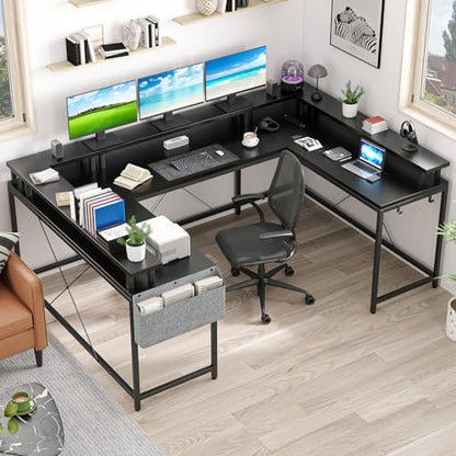 GarveeHome U Shaped Desk with Power Outlets & LED Lights, 79 in Reversible L Shaped Desk, Corner Computer Desk Office Desk with Full Monitor Stand, Black