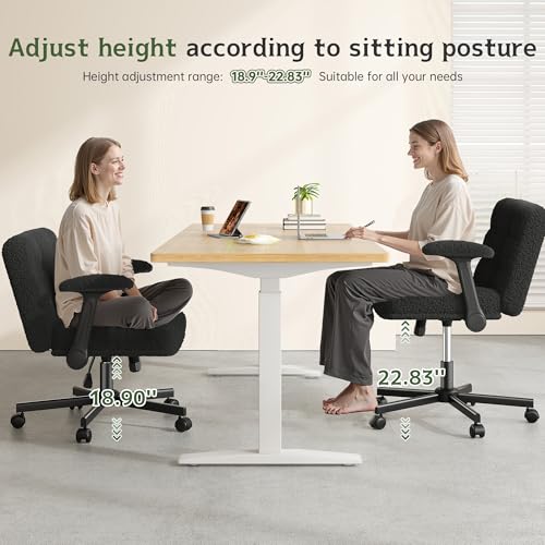 DurayLoly Criss Cross Office Chair with Flip-up Arm & Wheels | 360° Swivel,Plush Teddy Fabric Cross Legged Chair ,Adjustable Height for Home Office,Study, Gaming, Vanity,White - color: Black