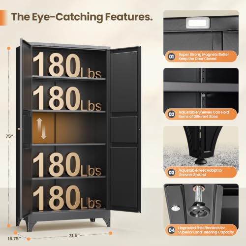 Metal Pantry Cabinet, 75" Kitchen Pantry with 2 Door and 4 Adjustable Shelves,Black Metal Pantry Storage Cabinet,Cupboard for Kitchen,Dining Room,Living Room and Bathroom - color: Black, size: 75"H